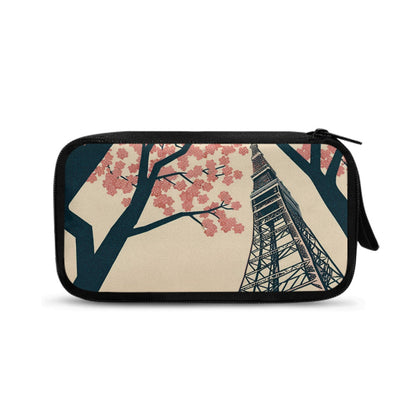 Pouch with Tokyo Tower and cherry blossom design on a white background
