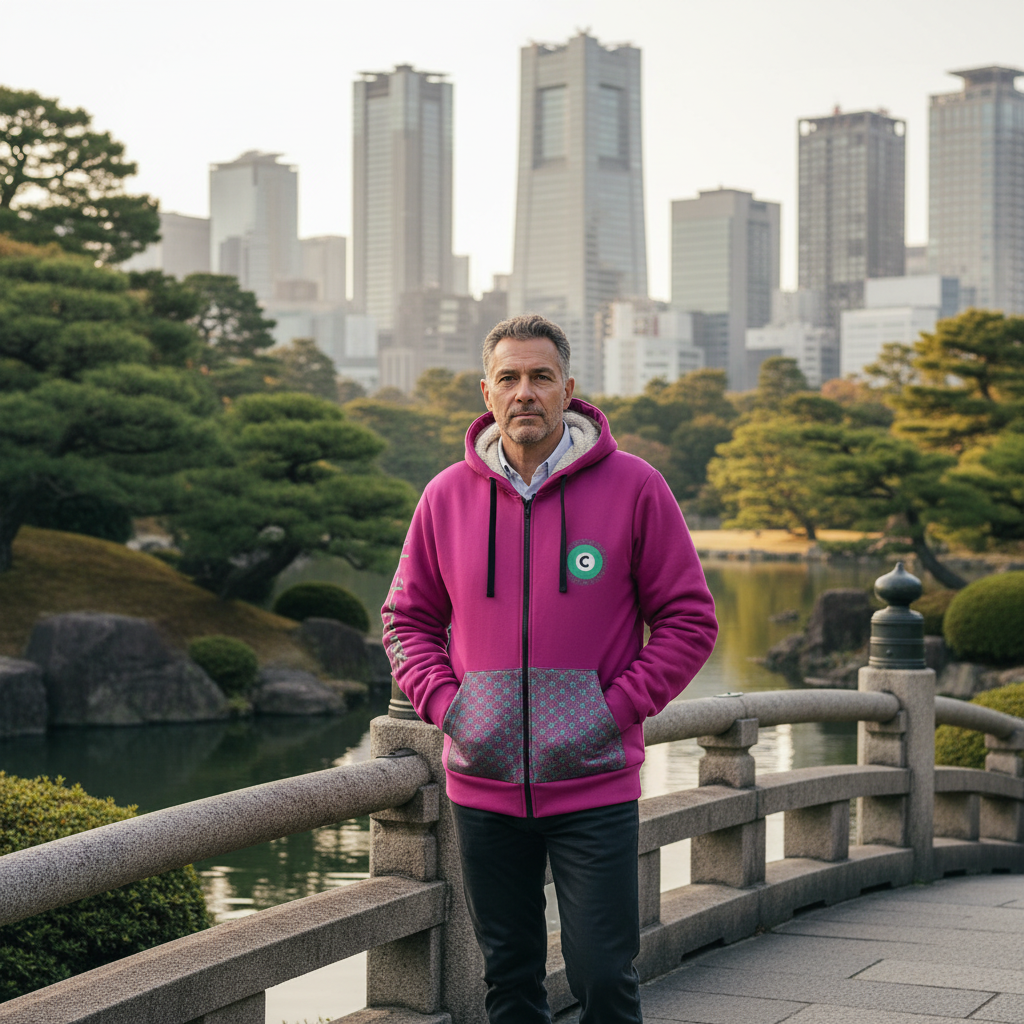 Man in a pink hoodie standing on a bridge with a city skyline and garden in the background