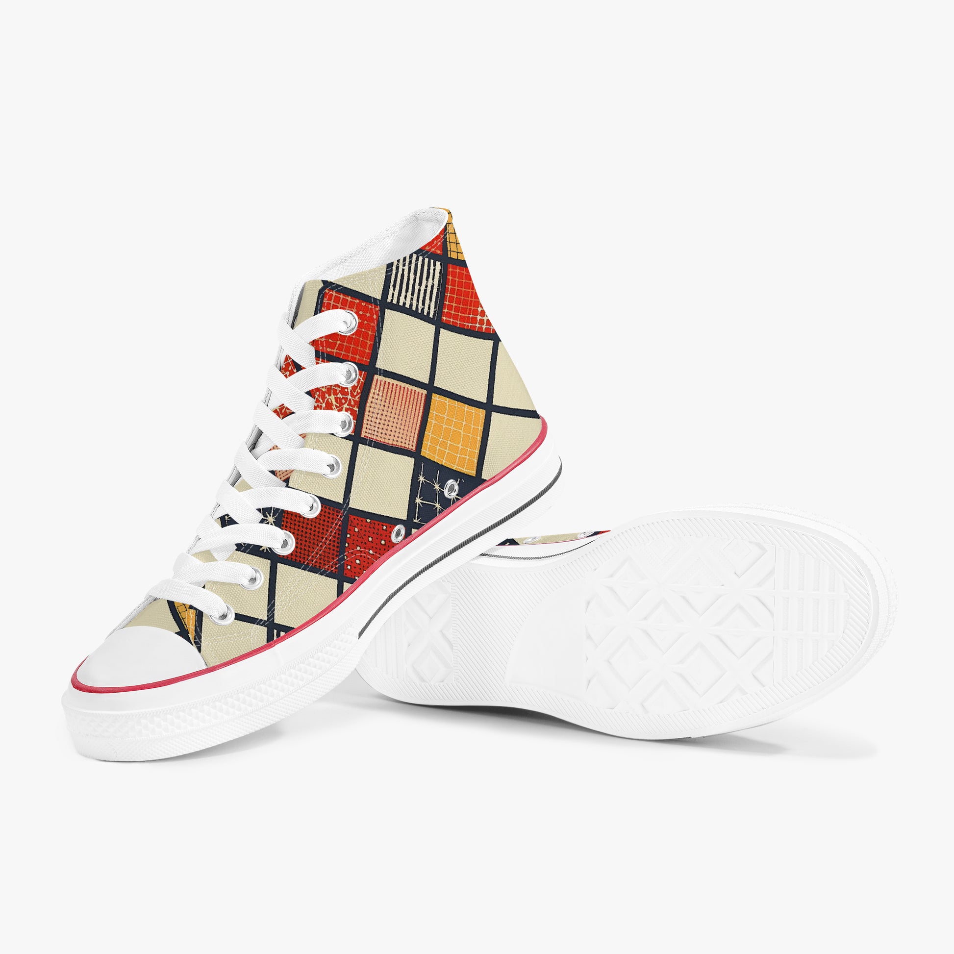 White sneakers with a colorful geometric pattern on a white background