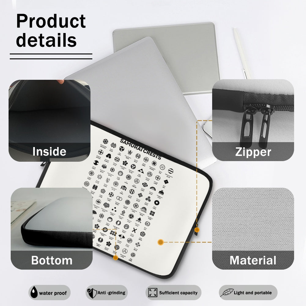 Product details of a laptop sleeve with various features highlighted.