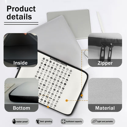 Product details of a laptop sleeve with various features highlighted.