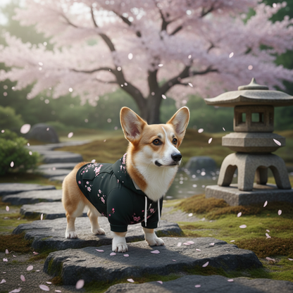 Dog in a cherry blossom-themed outfit standing on stone steps with cherry blossoms and a lantern in the background.