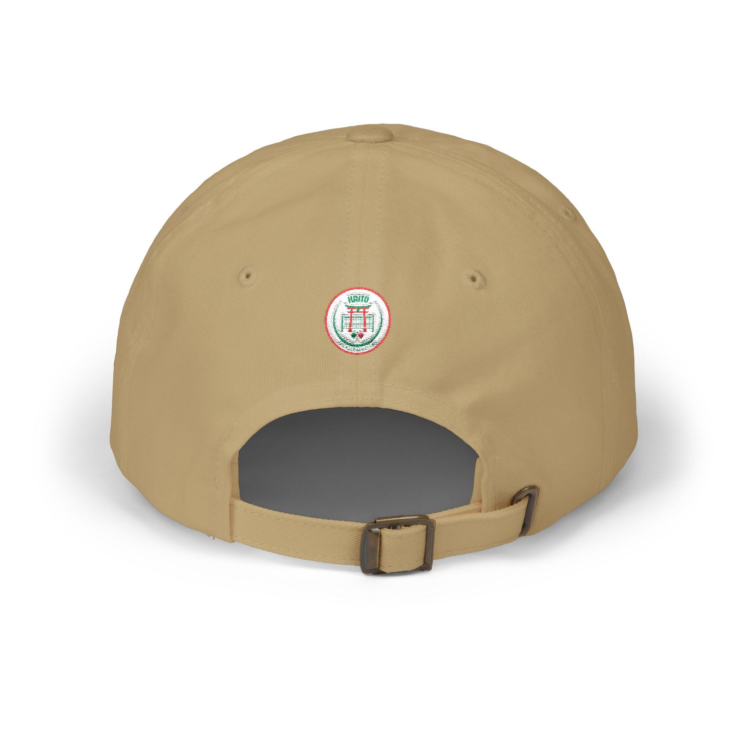 Beige cap with a logo on the back against a white background