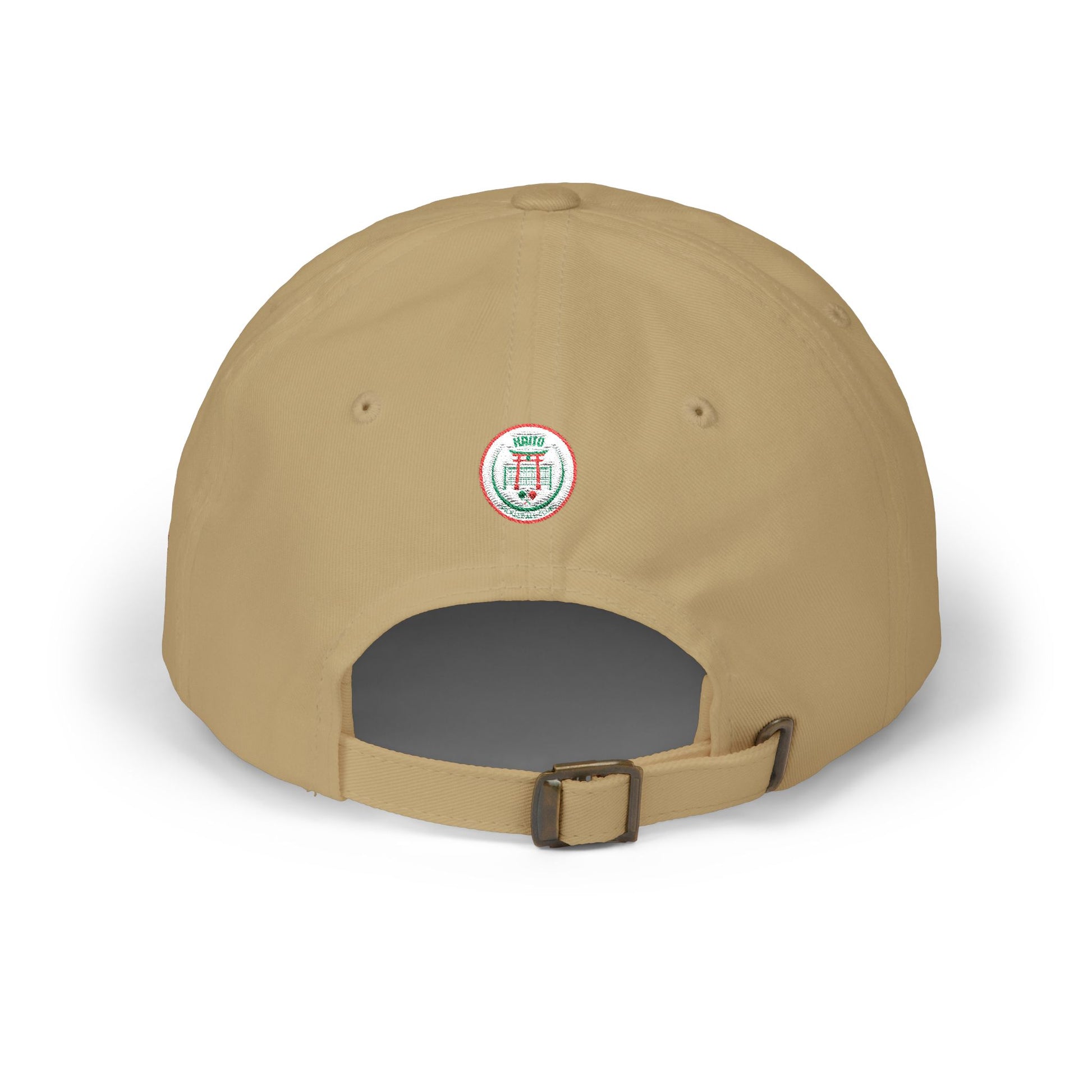 Beige cap with a logo on the back against a white background