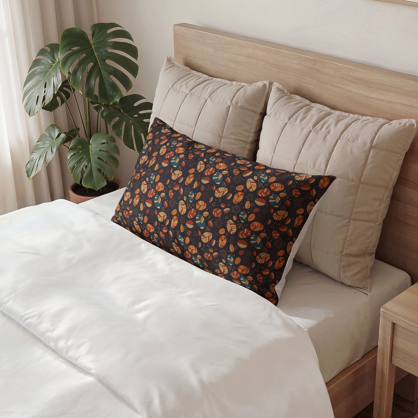 Floral patterned pillow on a bed with beige pillows and a wooden headboard.
