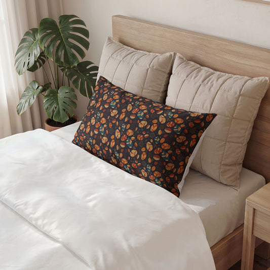 Floral patterned pillow on a bed with beige pillows and a wooden headboard.