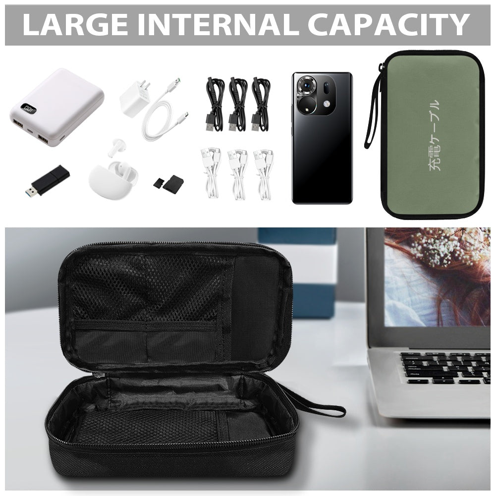 Black travel case with electronic devices and accessories on a white background