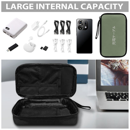 Black travel case with electronic devices and accessories on a white background
