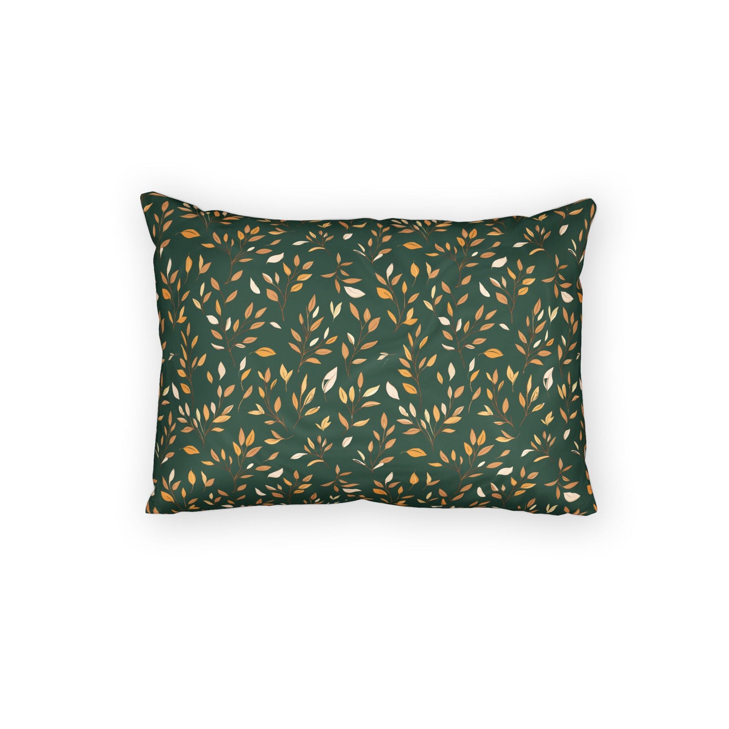 A rectangular throw pillow with a dark green background featuring a repeating pattern of small leaves in mustard yellow and off-white, shown against a plain white background.