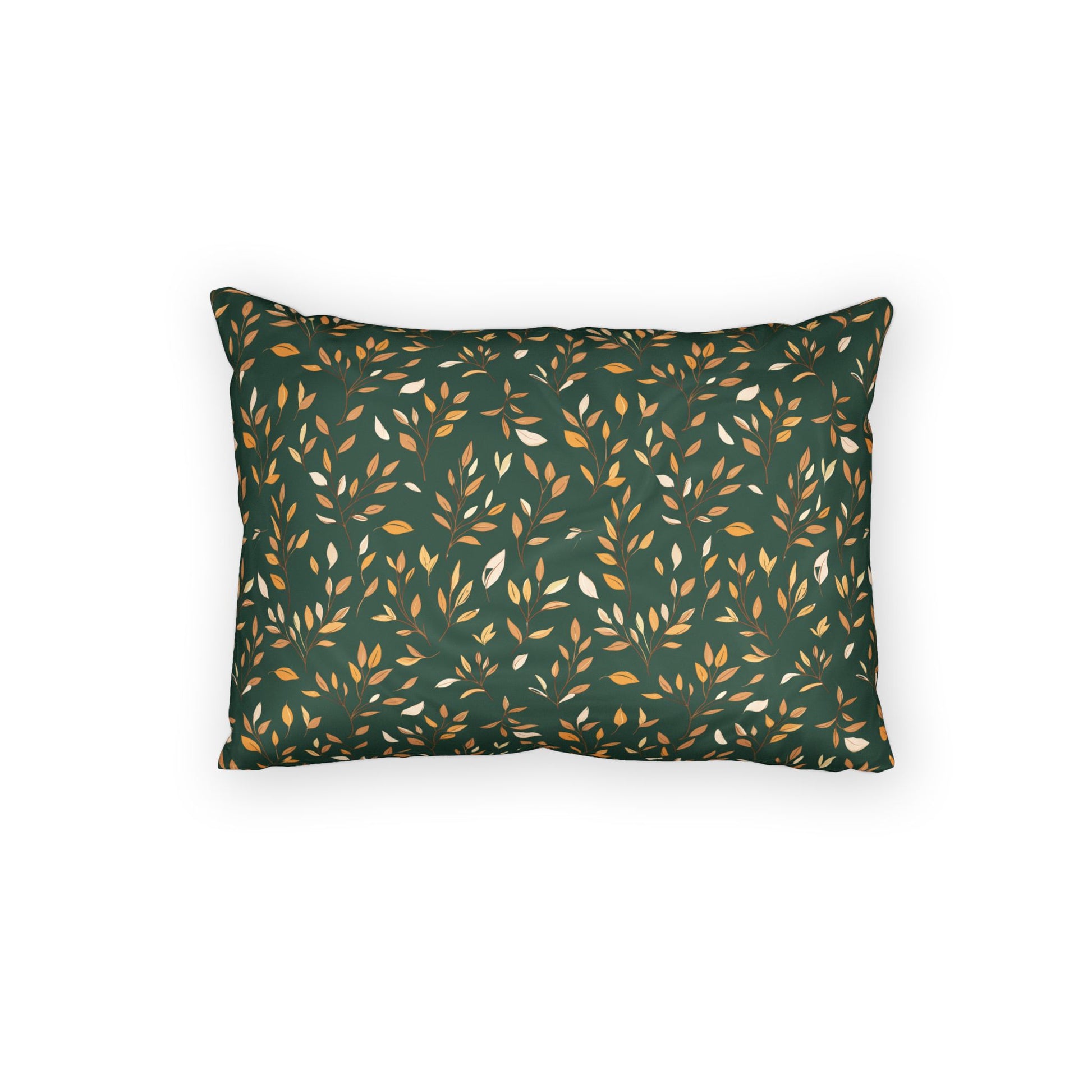 A rectangular throw pillow with a dark green background featuring a repeating pattern of small leaves in mustard yellow and off-white, shown against a plain white background.