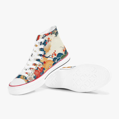 White sneakers with colorful floral pattern on a white background