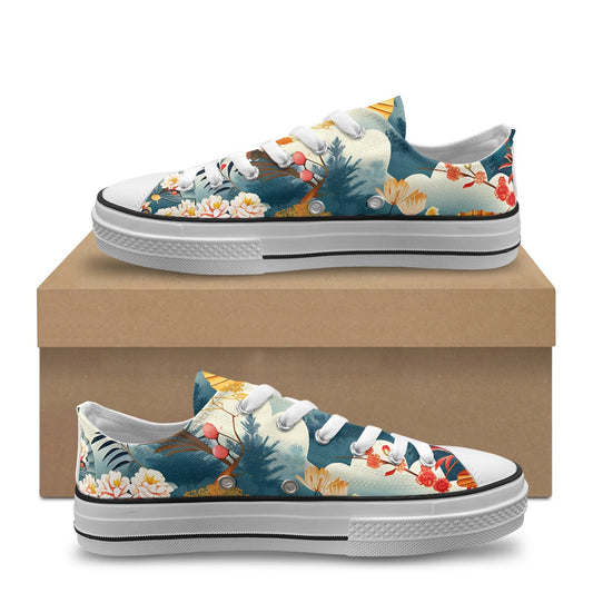Pair of sneakers with floral and nature design on a beige box