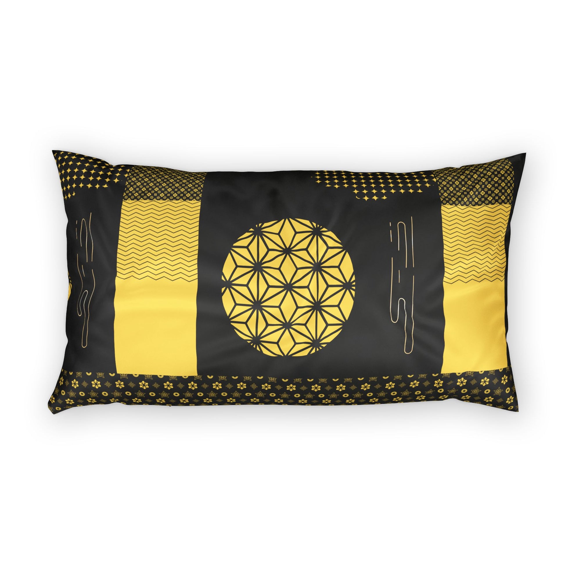 A rectangular lumbar pillow featuring a black and yellow geometric pattern with a central flower of life motif, set against a plain white background.