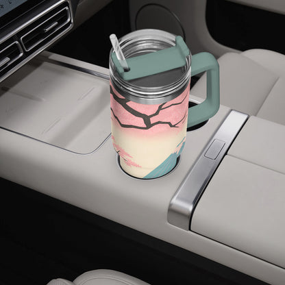 Fuji Dreams Car Tumbler Cup grey green Handle