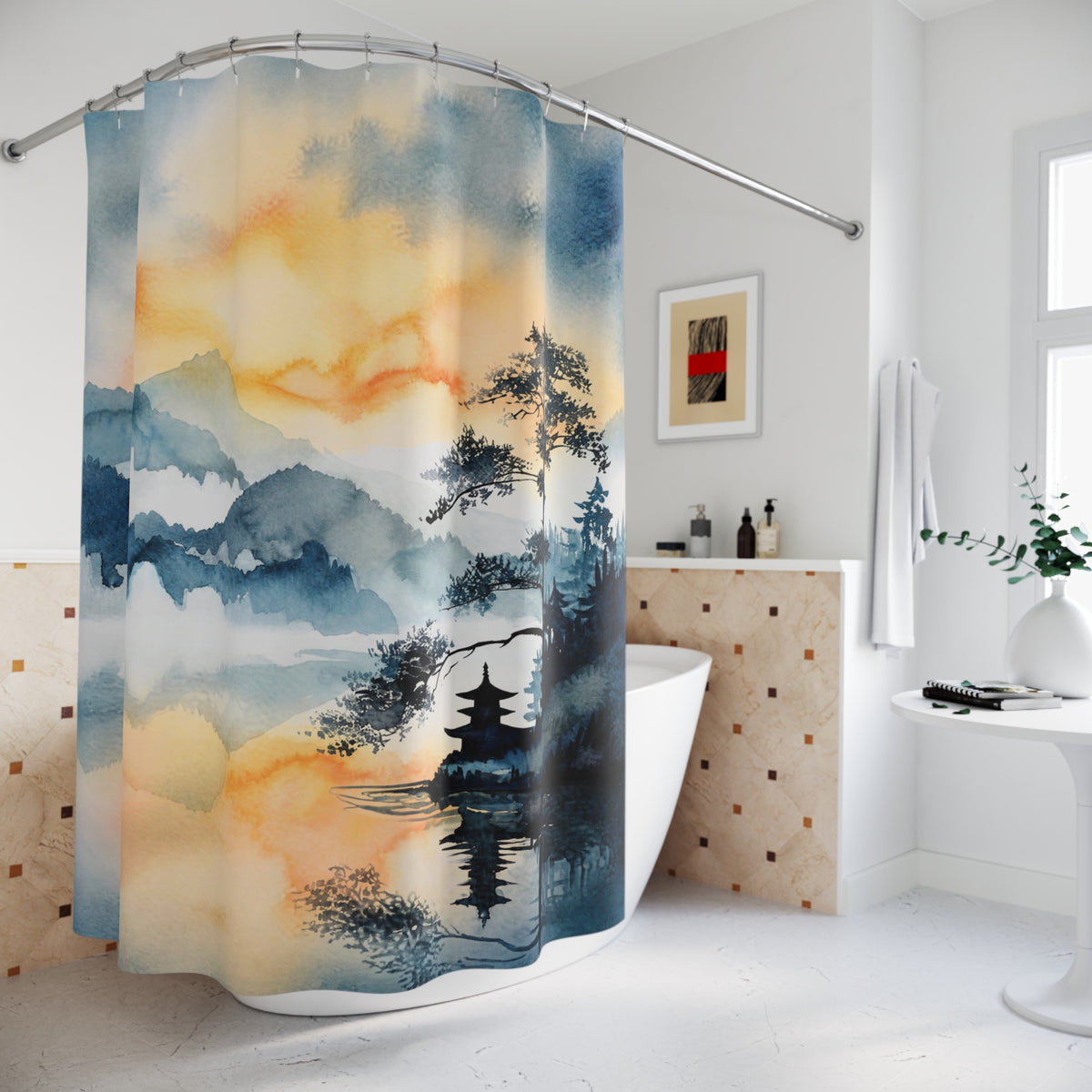 A fabric shower curtain featuring an elegant watercolor-style landscape print with misty mountains, trees, and a pagoda over reflective water, shown hanging in a bright, modern white bathroom.