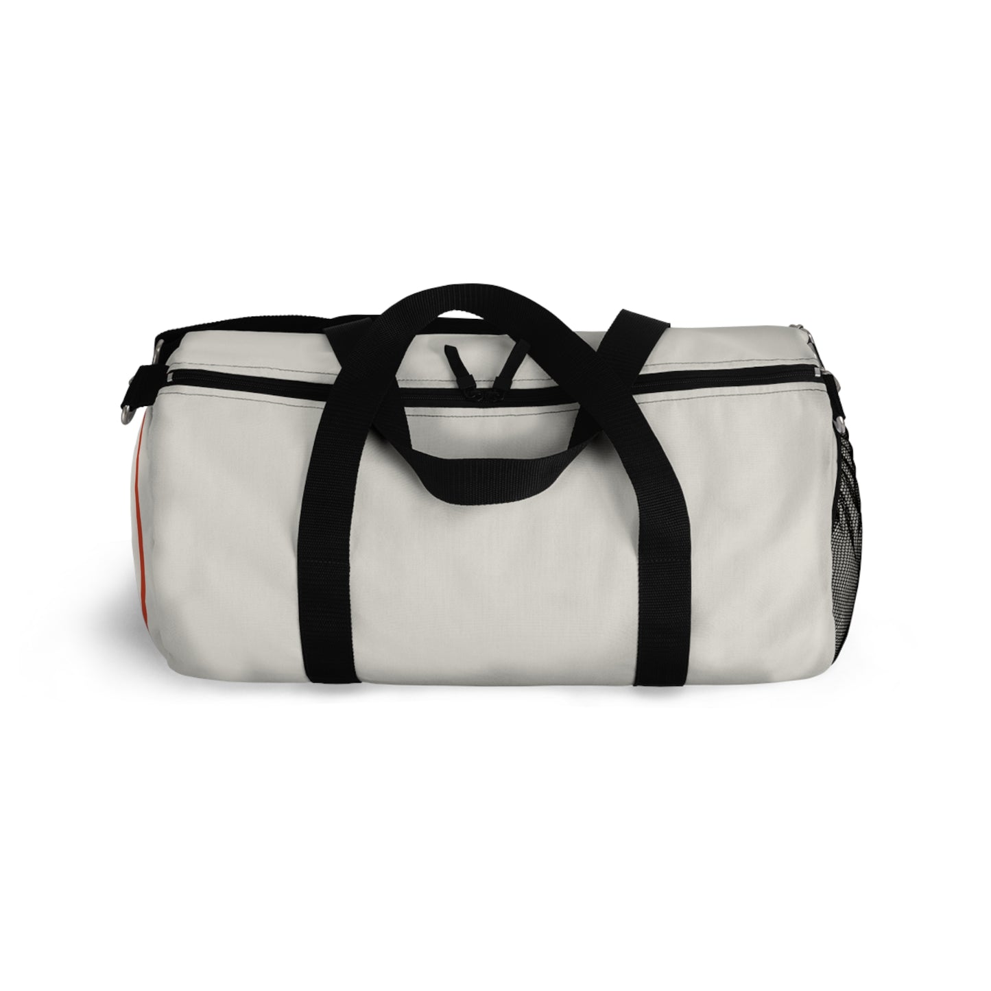 White duffel bag with black straps on a white background