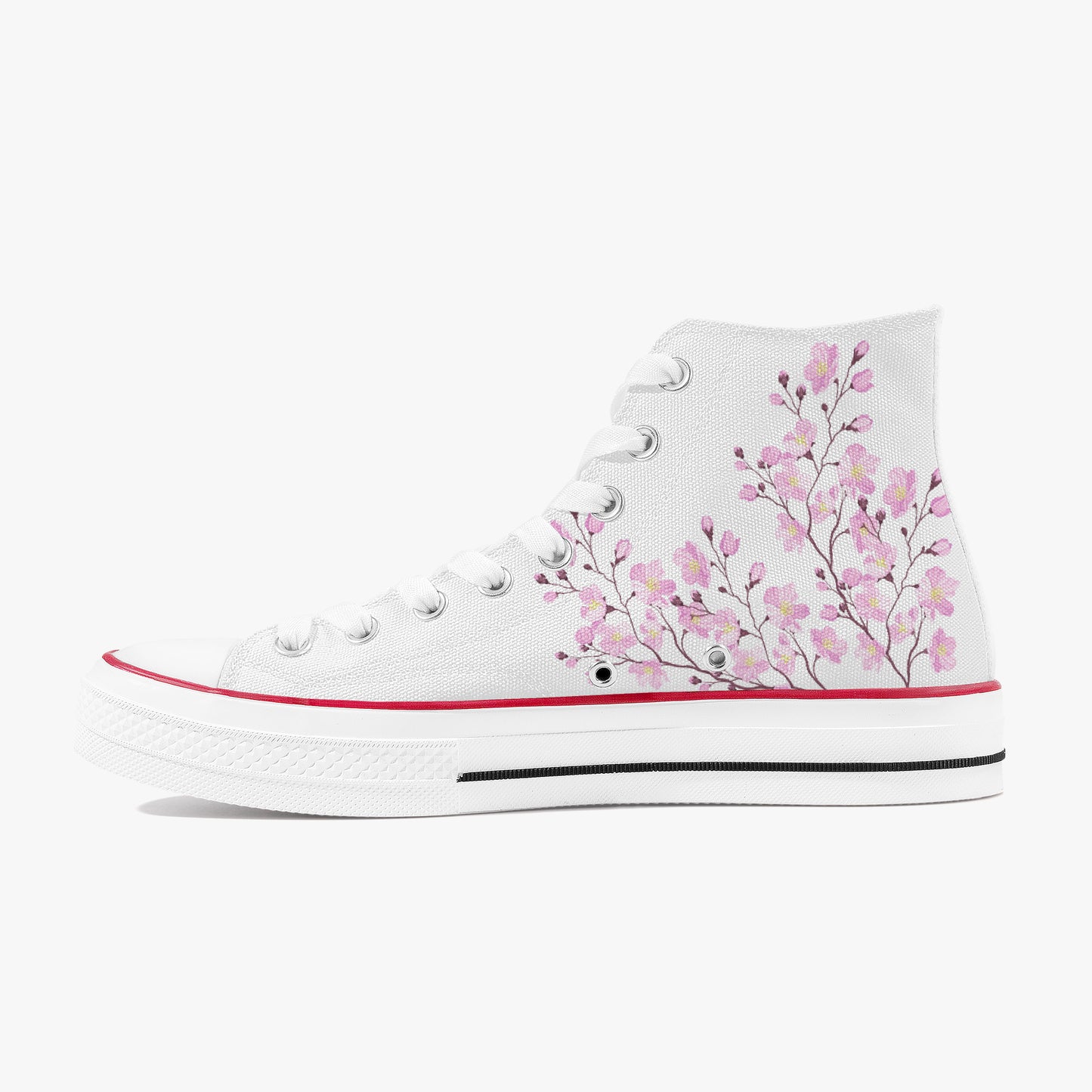 White high-top sneaker with pink floral design on a white background