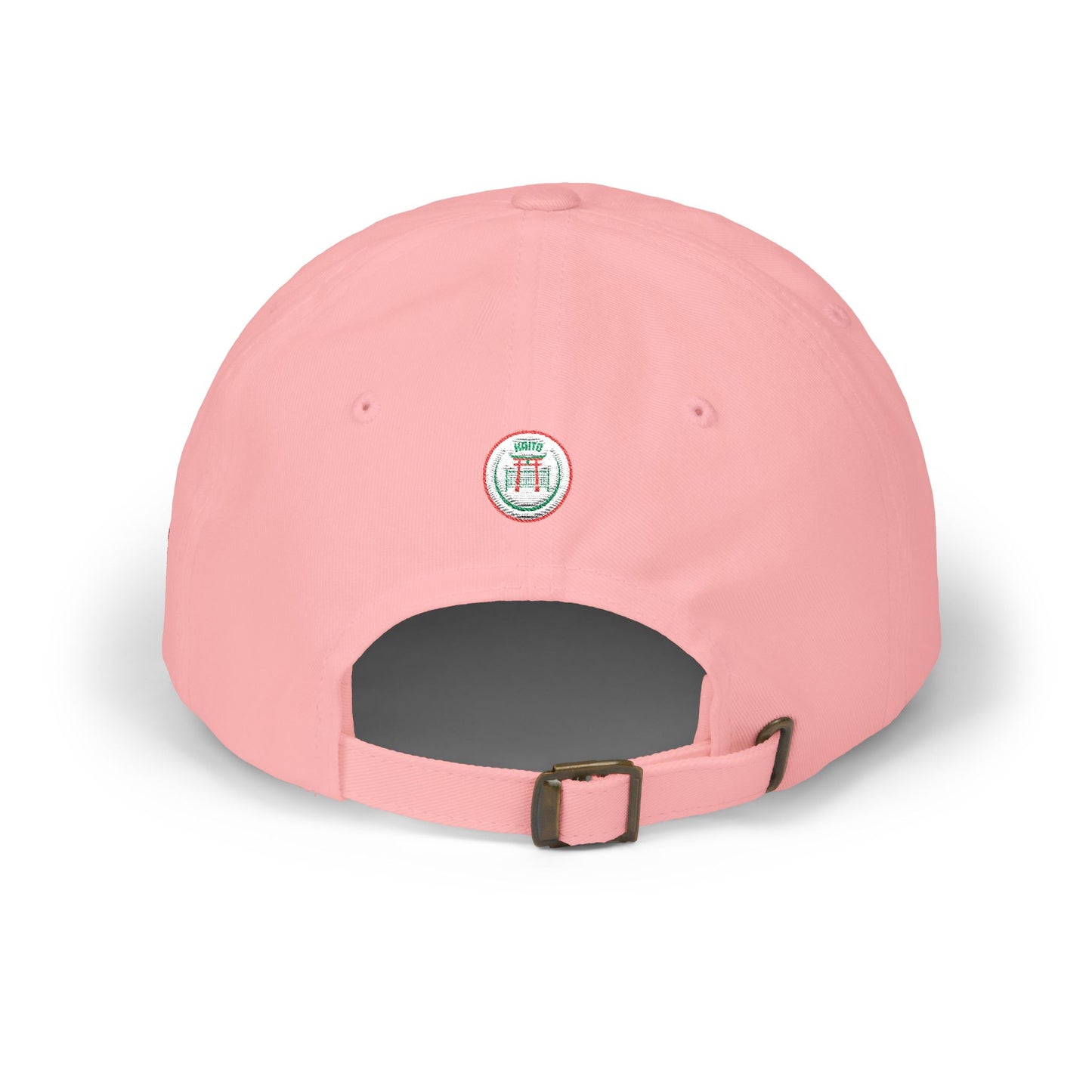 Pink cap with a logo on the back against a white background