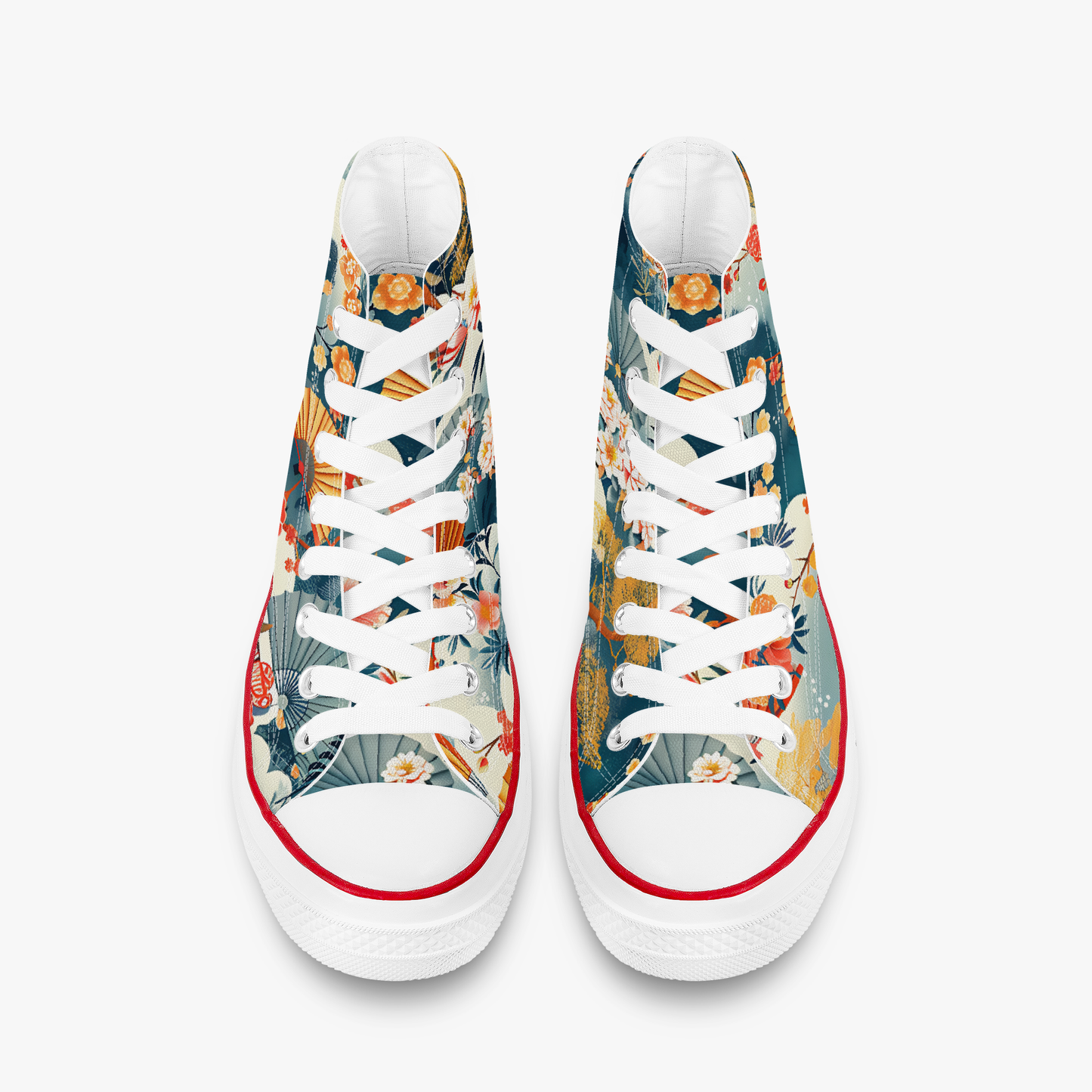 Pair of sneakers with colorful floral pattern on a white background