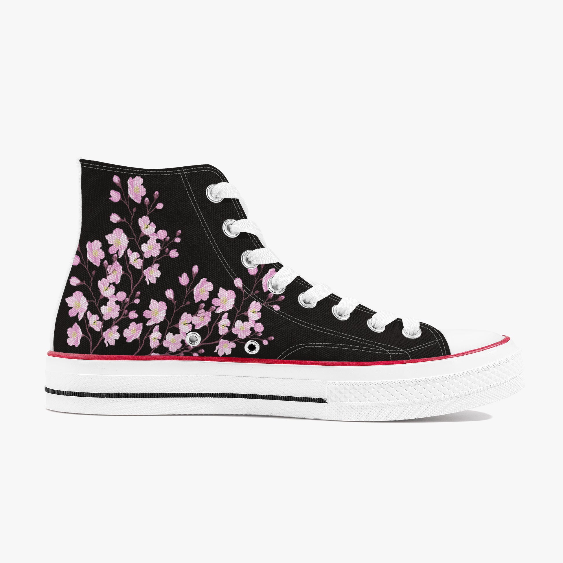 Black high-top sneaker with pink floral design on a white background