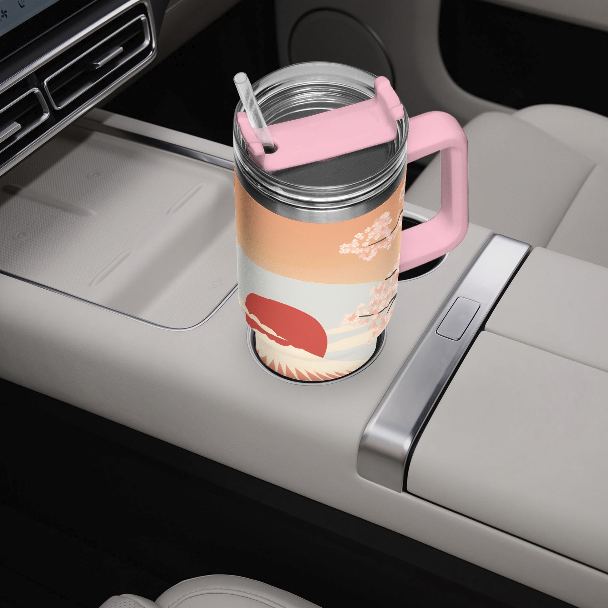 Sunrise Temple Car Tumbler Cup Pink Handle