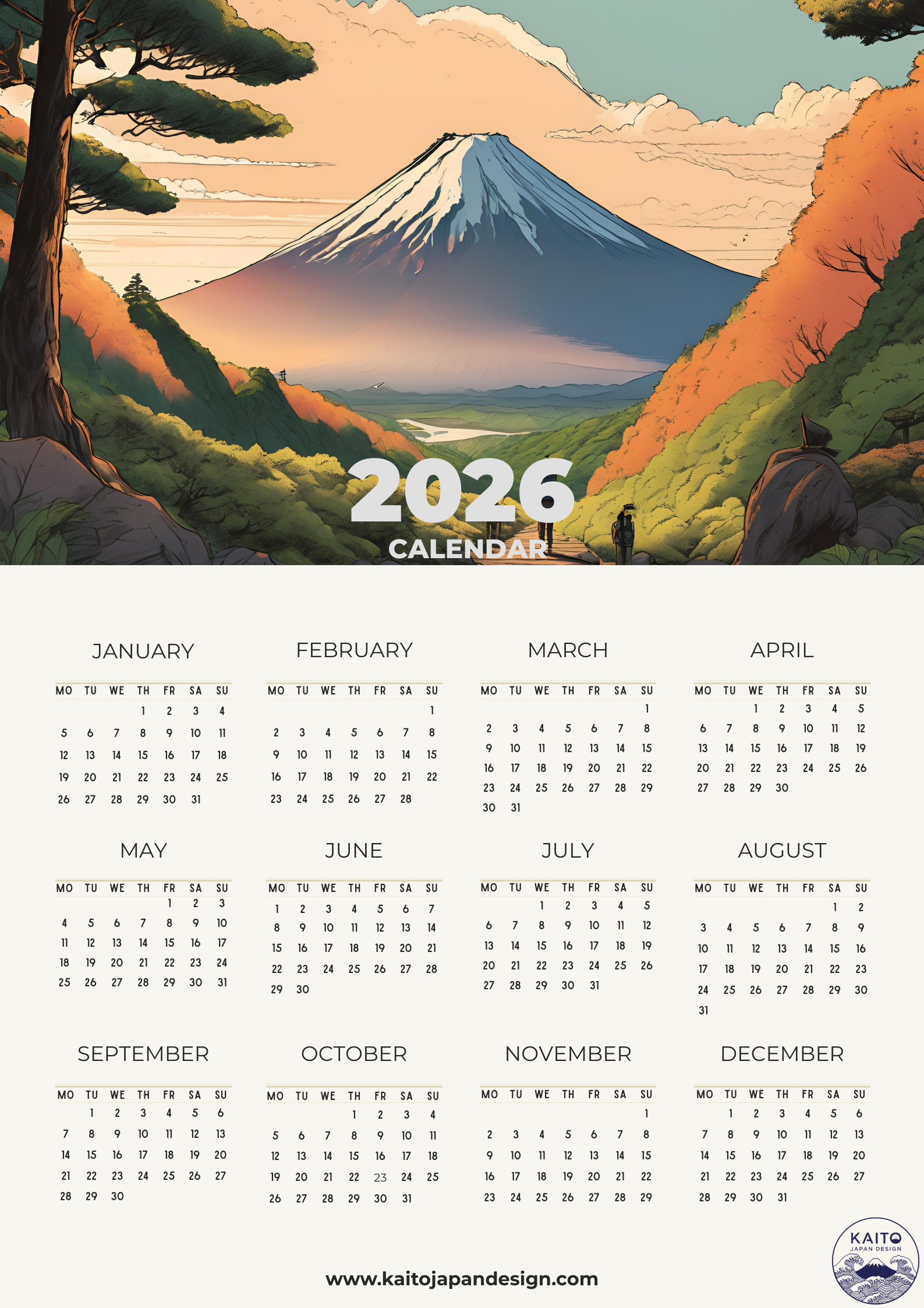Calendar for 2026 with a scenic illustration of Mount Fuji and a landscape.