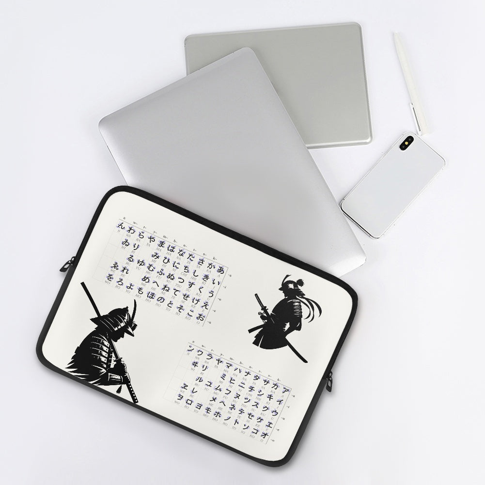 Laptop with a sleeve featuring samurai designs and text on a white background