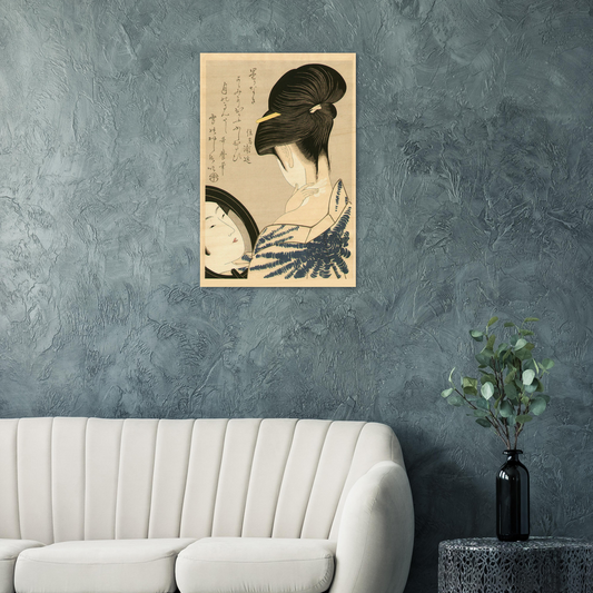 Framed artwork of a traditional Japanese geisha on a textured wall above a sofa.