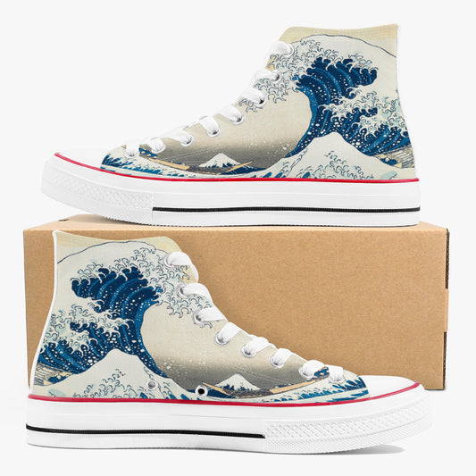 White sneakers with wave design on a cardboard box