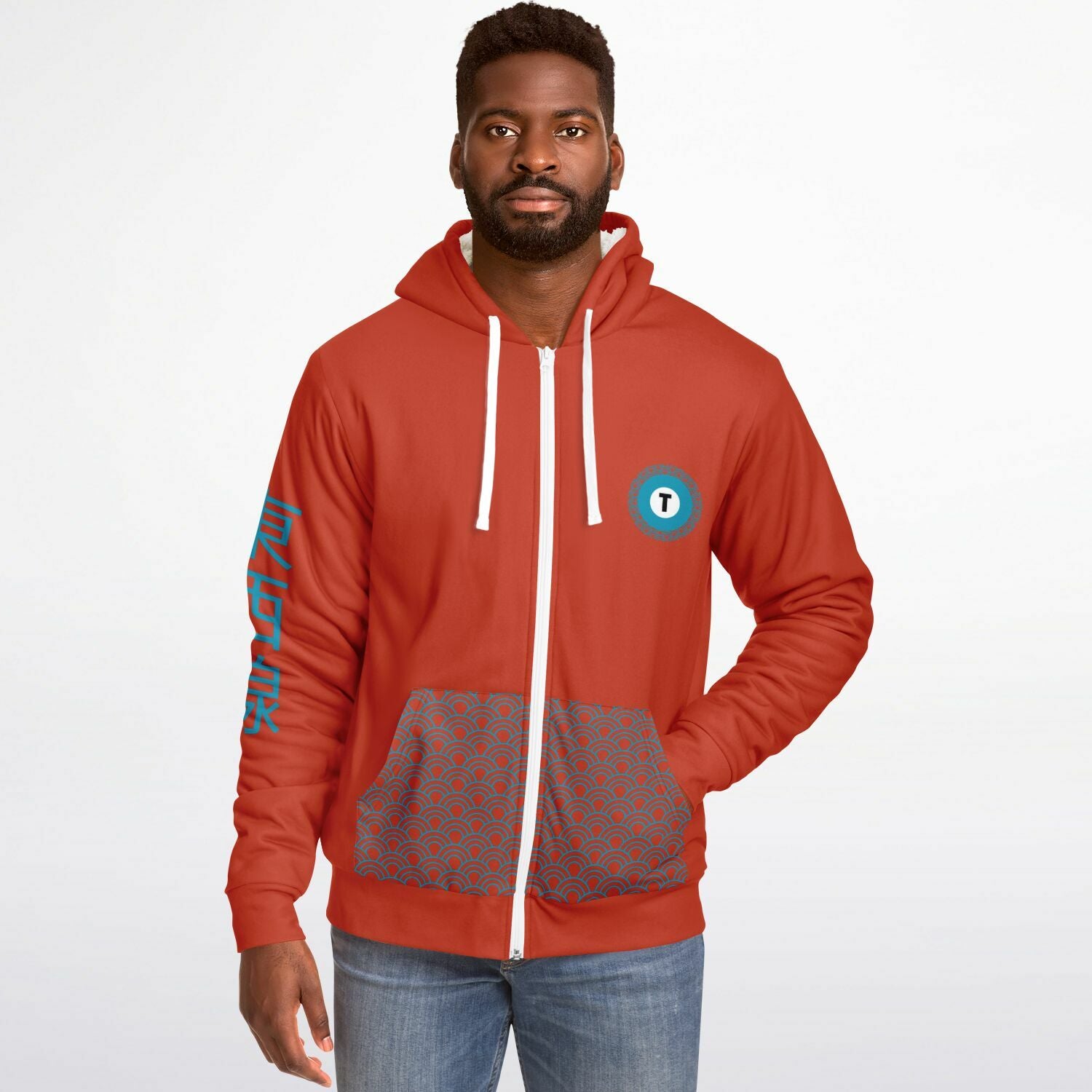 Tozai Line Ultra-Soft Microfleece Orange and Blue Zip Hoodie