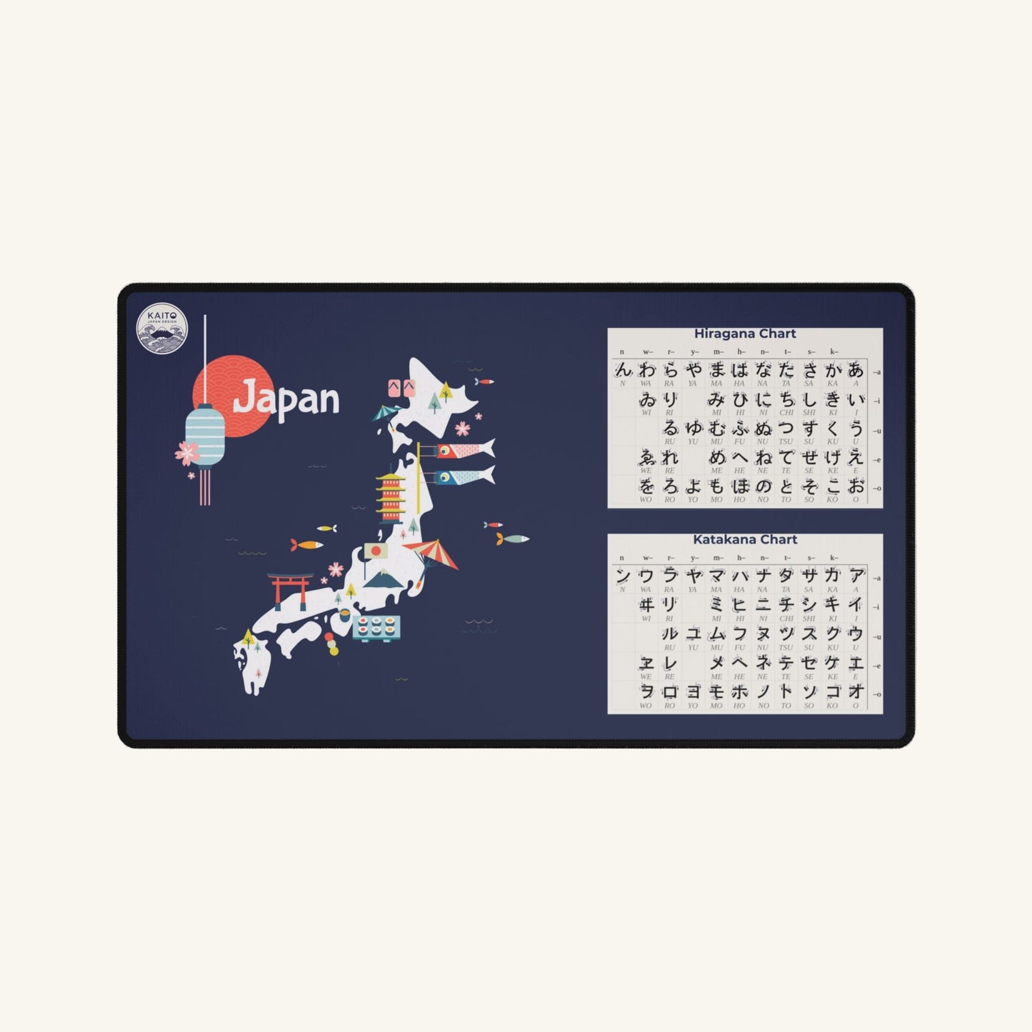 A large, dark blue desk mat featuring a stylized, colorful map of Japan. The mat also includes Hiragana and Katakana charts for learning Japanese.