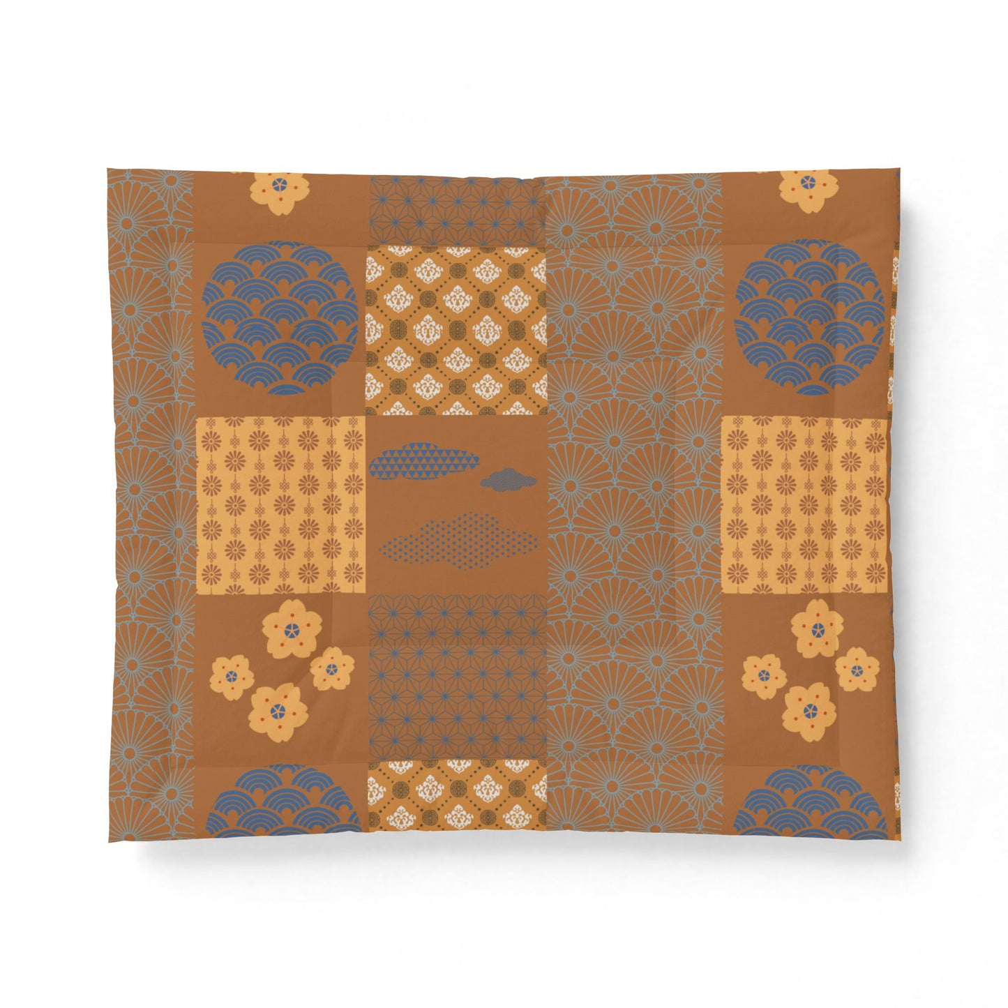 Patterned fabric with geometric and floral designs on a brown background. Heritage Cotton