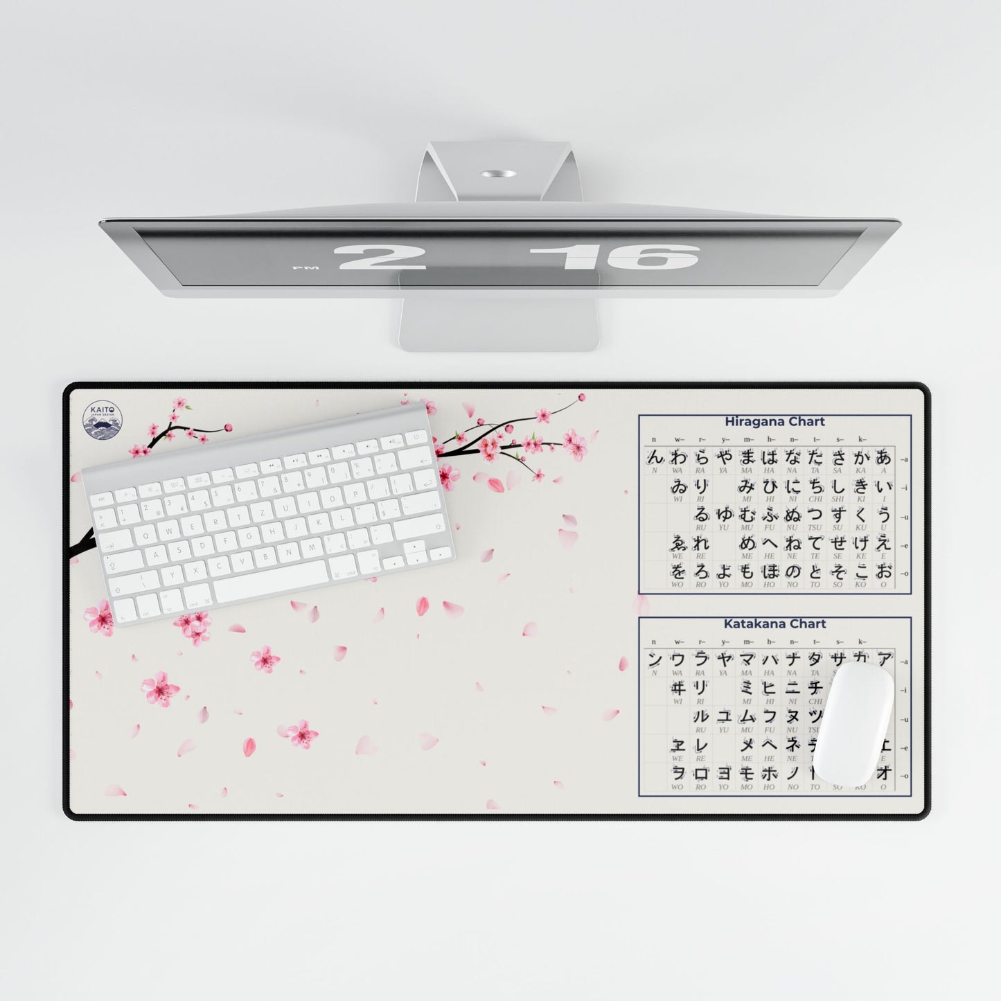 A large professional desk mat featuring minimalist cherry blossom branches and Japanese Kana calligraphy in a soft, elegant color palette for a Zen workspace