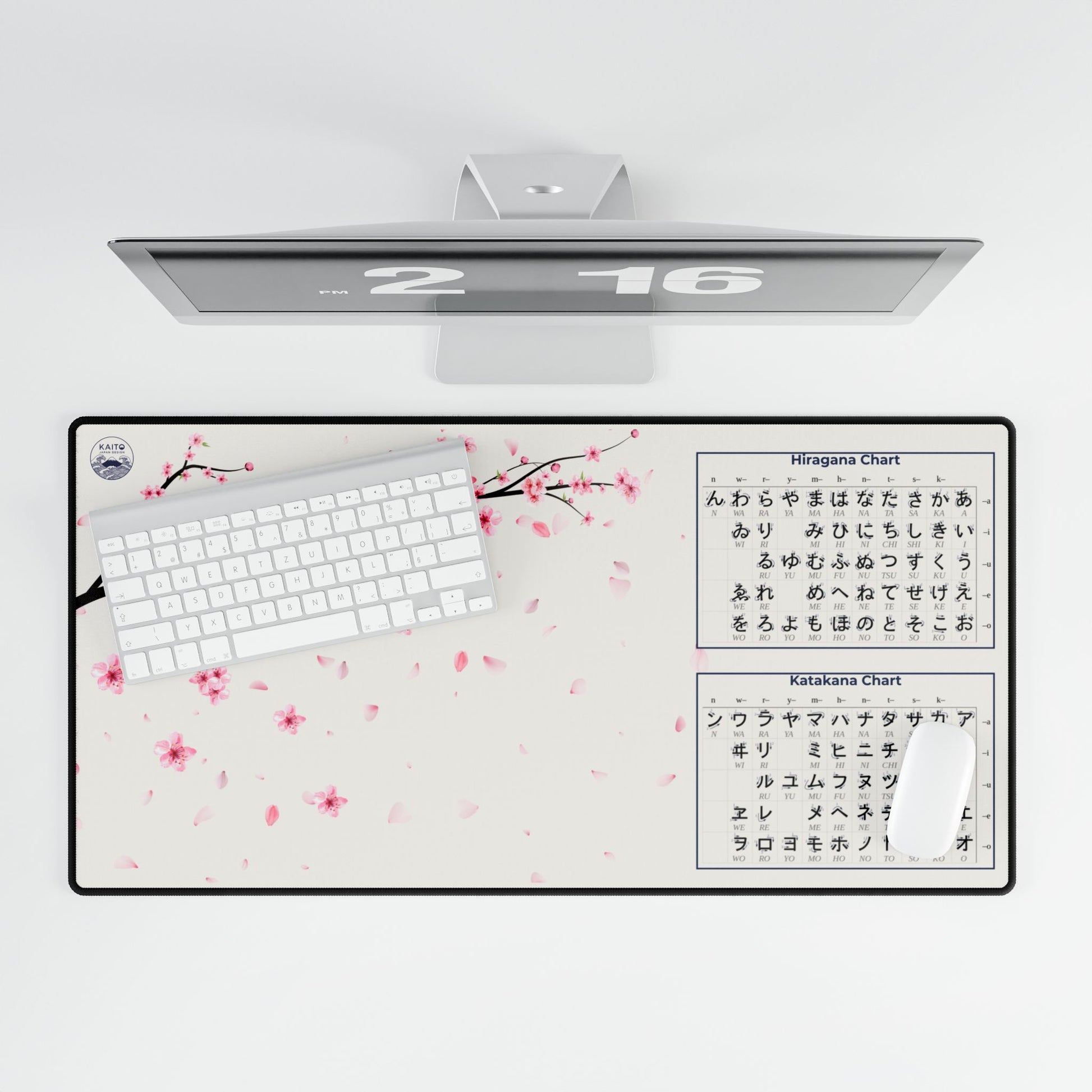 A large professional desk mat featuring minimalist cherry blossom branches and Japanese Kana calligraphy in a soft, elegant color palette for a Zen workspace
