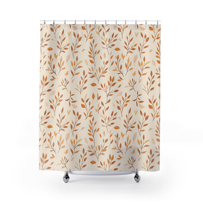 KAITO Japan Design Vintage Tofu Autumn Shower Curtain featuring a delicate botanical pattern of rust, orange, and soft brown falling leaves cascading over a warm cream background.