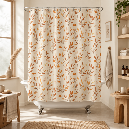 A cream shower curtain with an all-over autumn leaf pattern in orange, brown, and muted gold, hanging in a bright, modern bathroom with a clawfoot tub, wooden shelves, and a natural wicker rug.