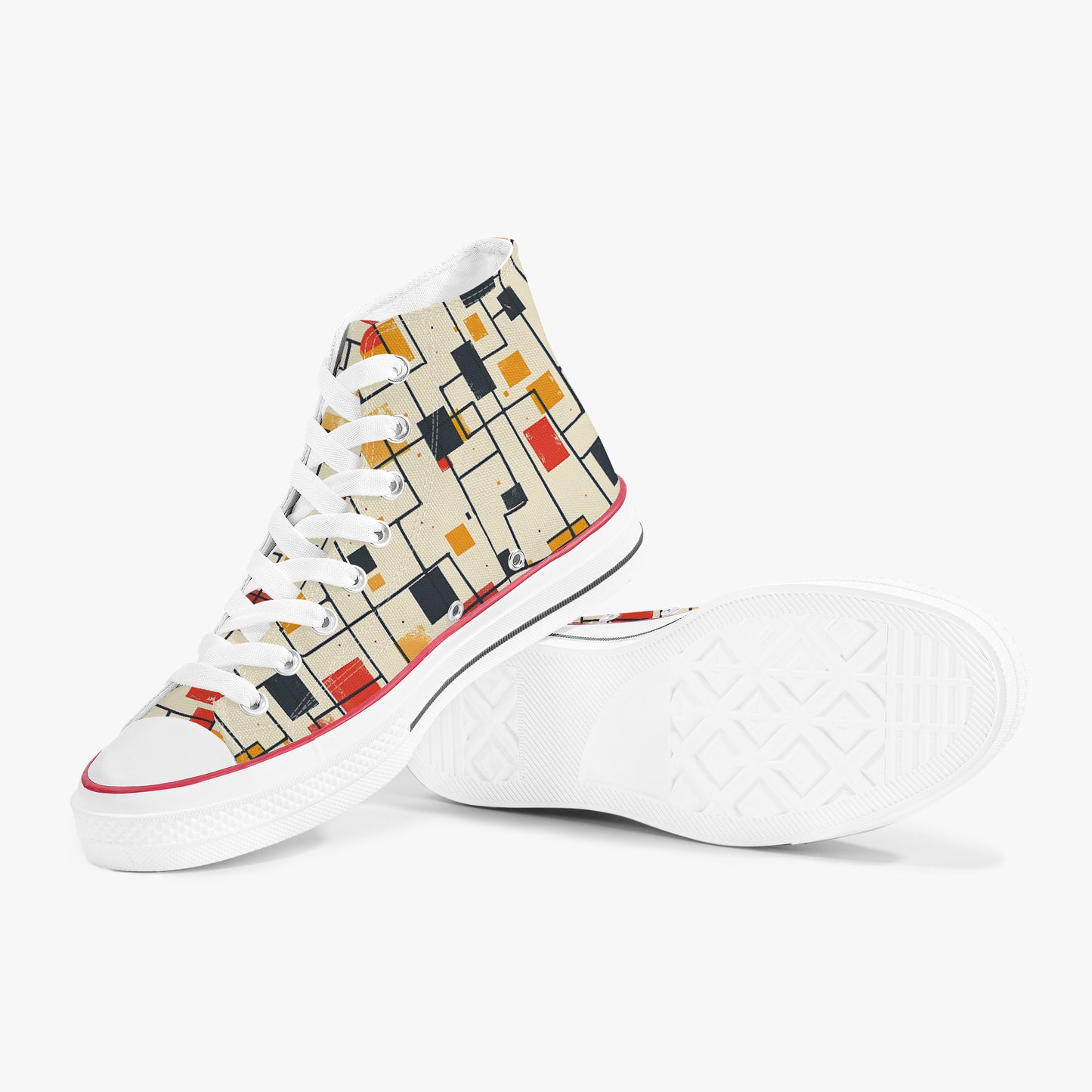 White high-top sneakers with a colorful abstract pattern on a white background