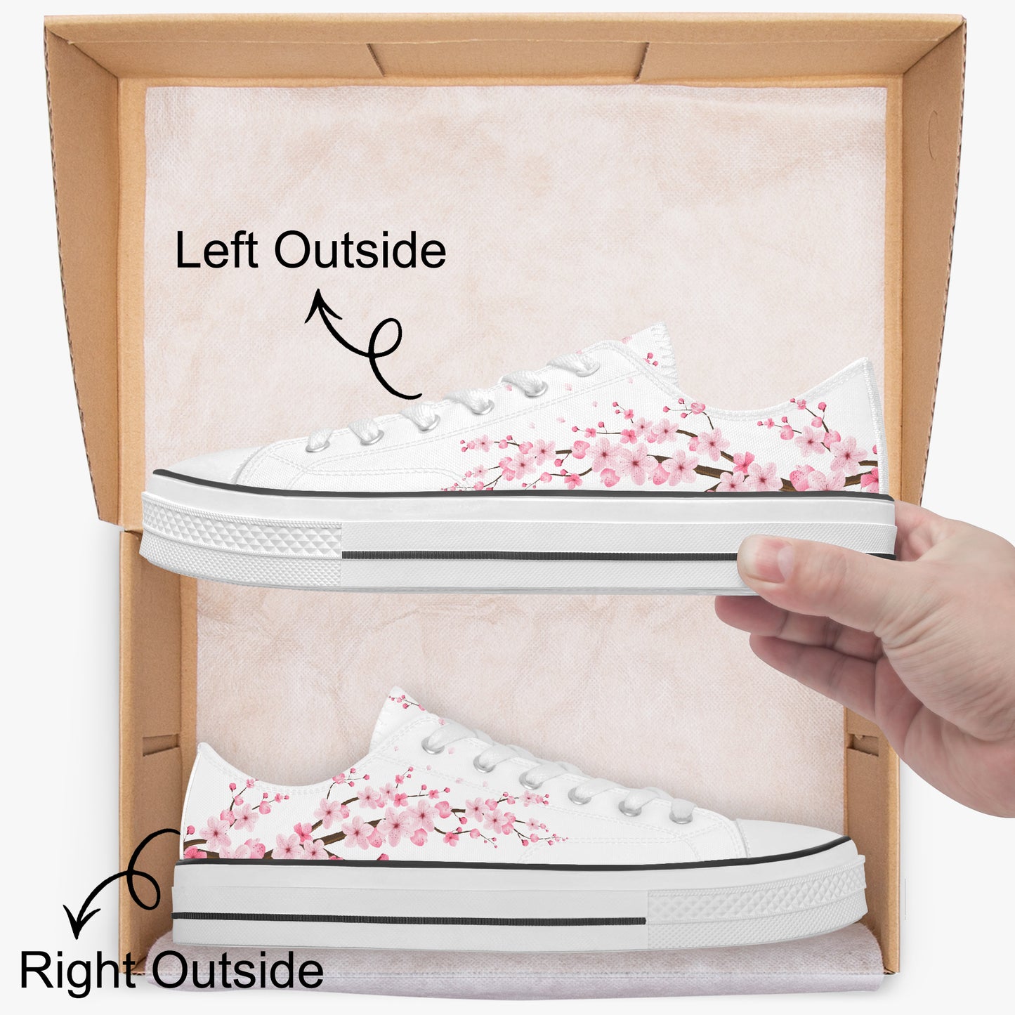 White sneakers with cherry blossom design in a box, labeled 'Left Outside' and 'Right Outside'.
