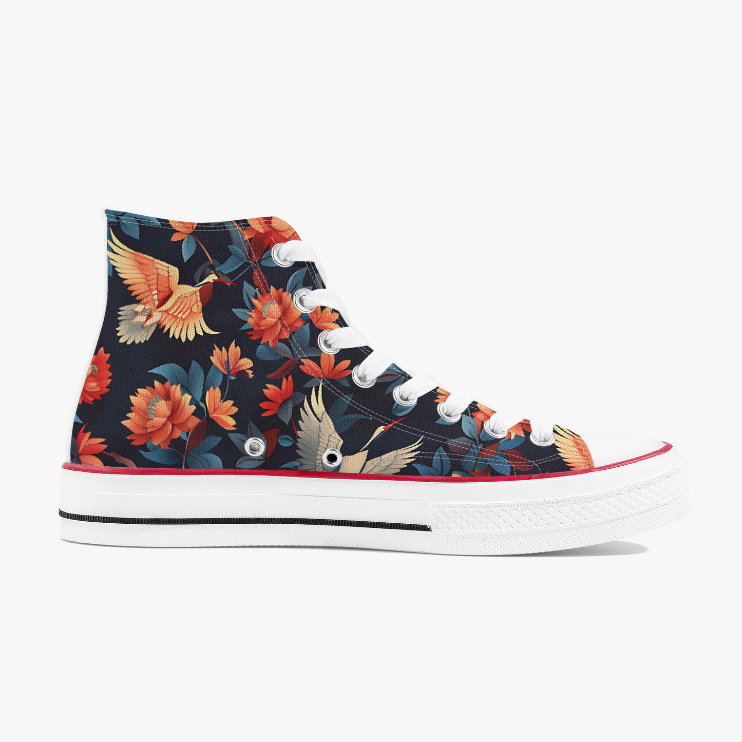 High-top sneaker with a colorful forest design on a white background