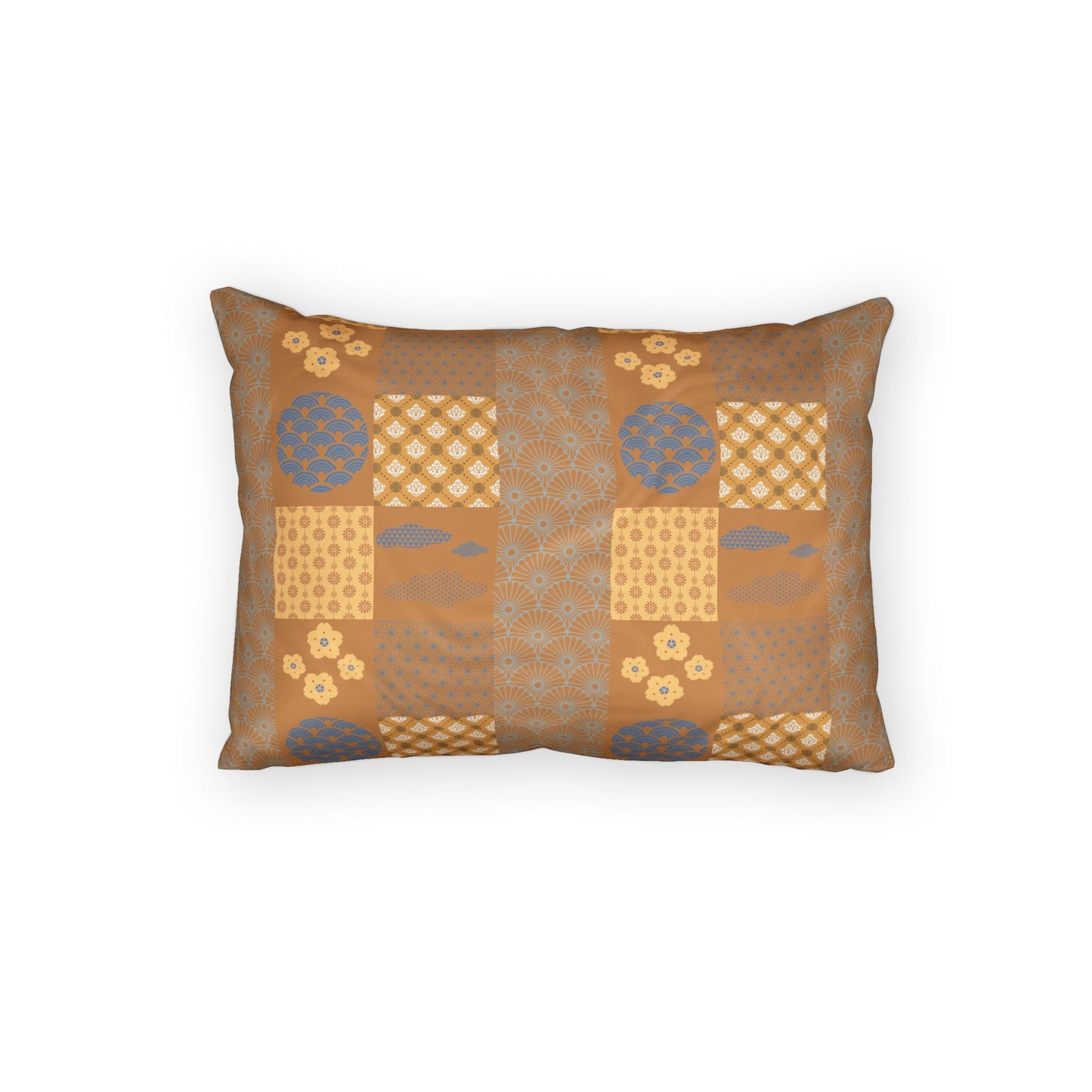 A rectangular decorative throw pillow with a patchwork-style Japanese-inspired pattern in warm brown, beige, and muted blue, shown against a plain white background.