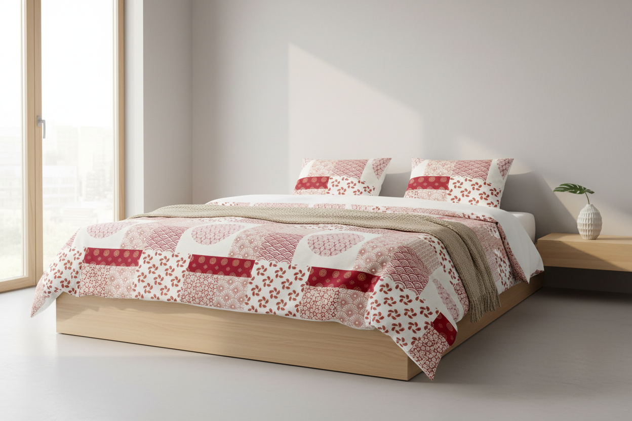 A bedding set featuring a patchwork quilt and two matching pillowcases with a geometric and floral patchwork pattern in shades of pink, red, and white.