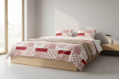 A bedding set featuring a patchwork quilt and two matching pillowcases with a geometric and floral patchwork pattern in shades of pink, red, and white.