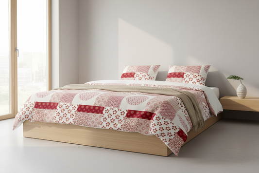 A bedding set featuring a patchwork quilt and two matching pillowcases with a geometric and floral patchwork pattern in shades of pink, red, and white.