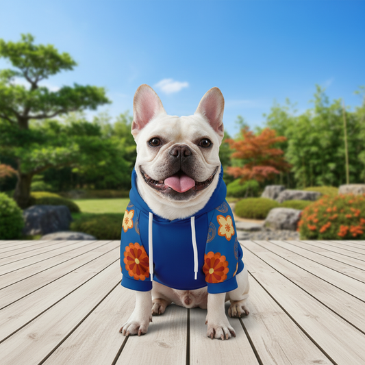 A dog wearing a premium sky blue athletic zip-up hoodie featuring a vibrant orange floral botanical print inspired by traditional Japanese nature illustrations.