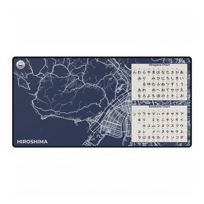 Map of Hiroshima on a blue background with text