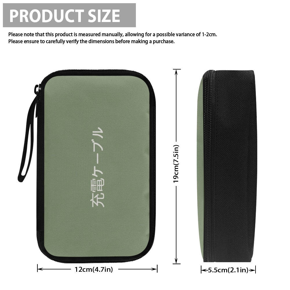 Green travel case with measurements on a white background
