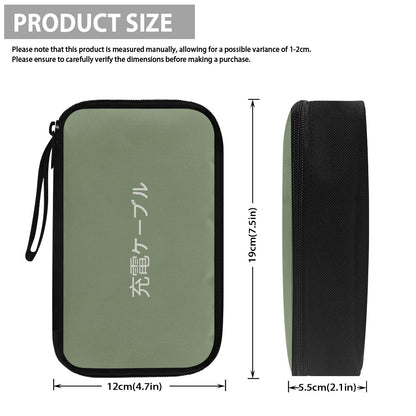 Green travel case with measurements on a white background