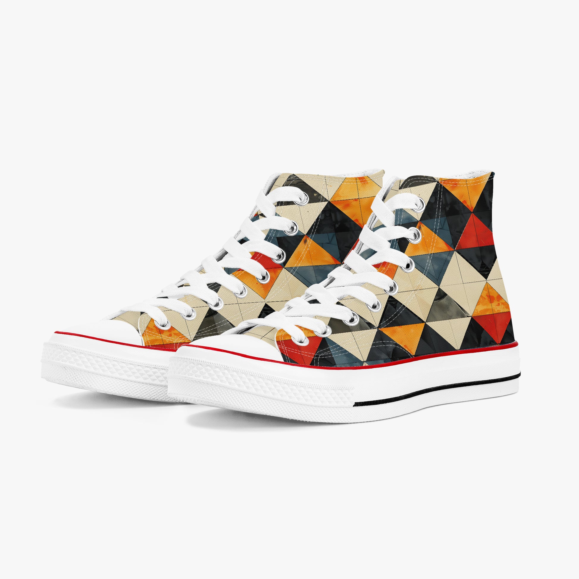 Colorful geometric-patterned high-top sneakers on a white background