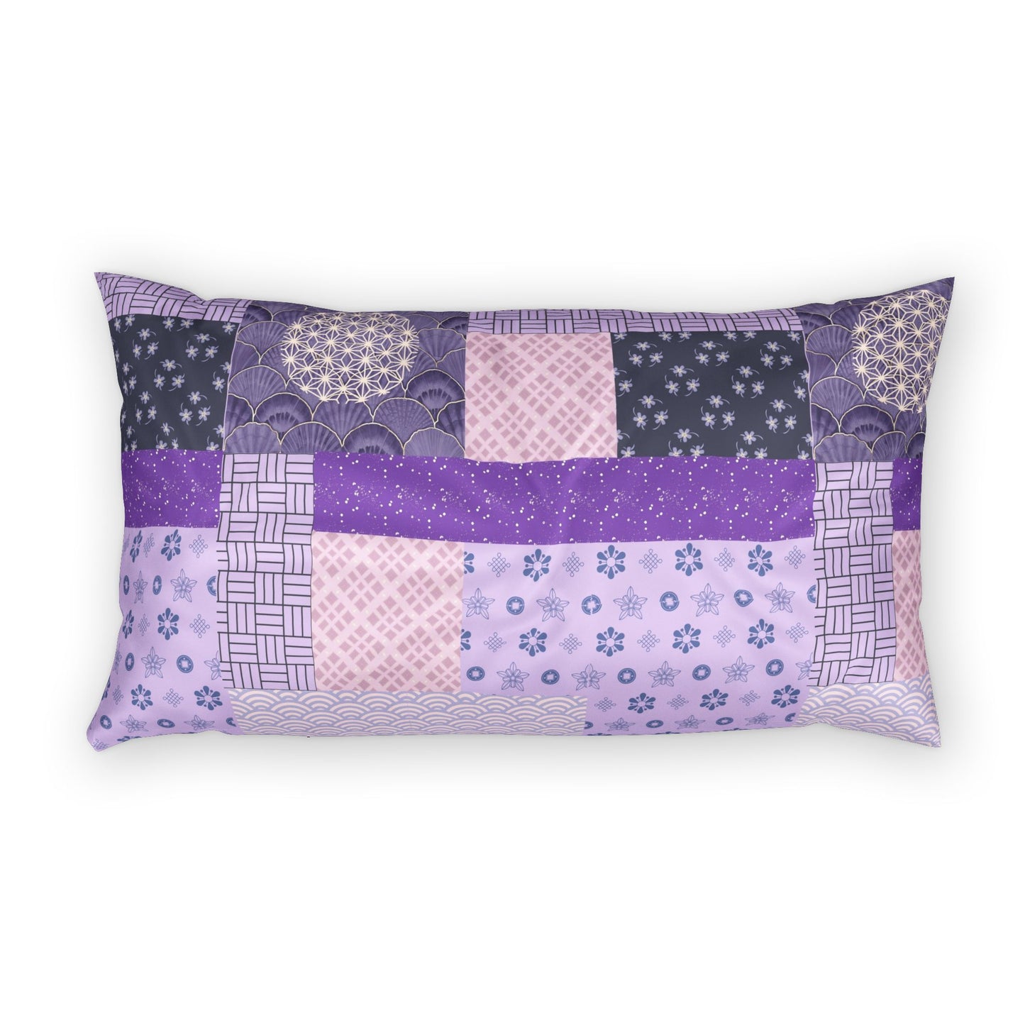 A rectangular lumbar pillow featuring a patchwork design of various purple and pink Japanese-inspired patterns, including waves, stars, and geometric grids, set against a plain white background.