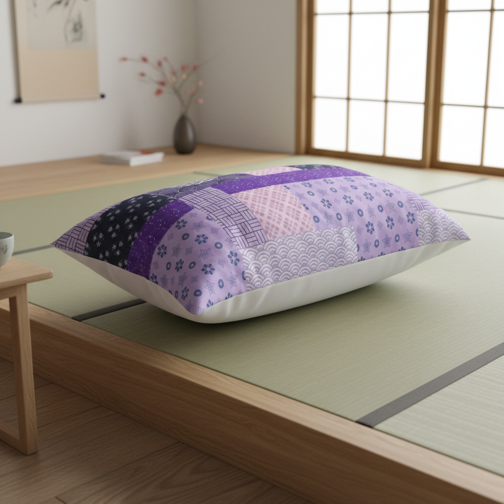 A rectangular decorative pillow with a patchwork of purple and lavender patterns, including floral prints, wave motifs, and dark purple dots, resting on a light green tatami mat in a traditional Japanese room.